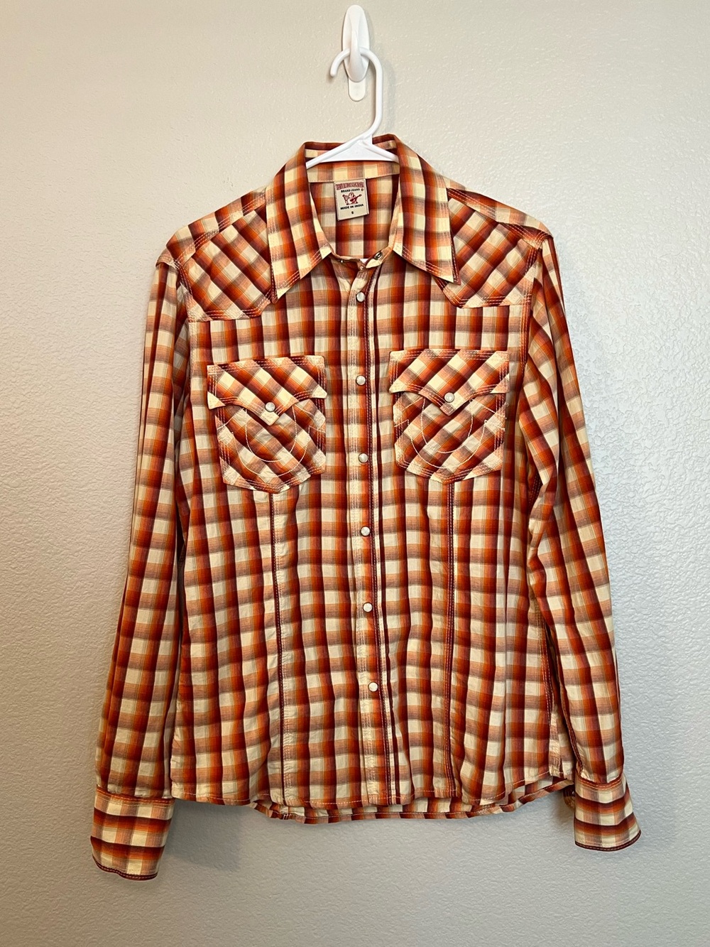 True Religion Women’s Western Pearl Snap Plaid Shirt Orange Cream Size S
